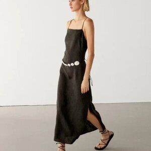 Massimo Dutti Linen Midi Dress with Slit Details, Brown, L